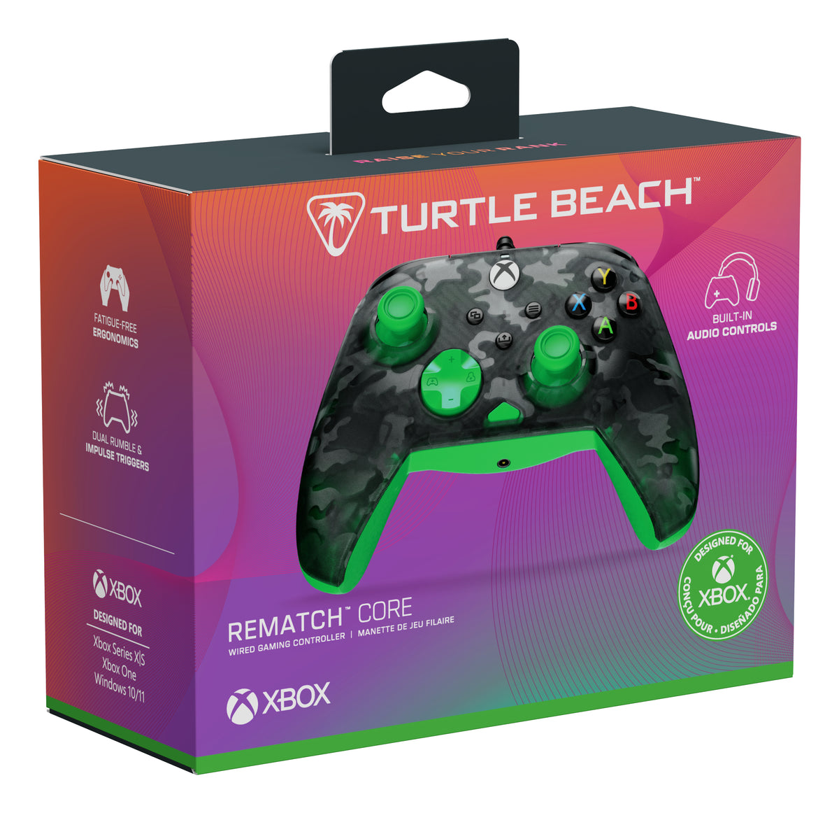 Manette de jeu - Xbox Series X|S, Xbox One et PC - Rematch Core - RGB - Filaire - Camouflage Noir / Vert - TURTLE BEACH