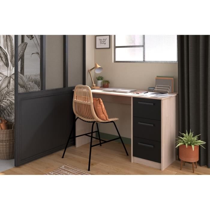 PARISOT Bureau droit 3 tiroirs - Décor chene/noir - L 121,4 x P 55 x H 74.5 cm - ESSENTIEL