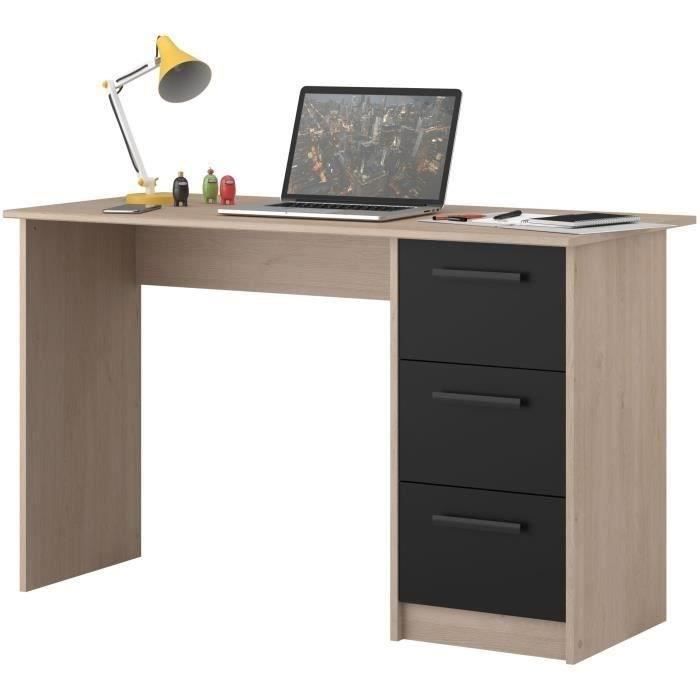 PARISOT Bureau droit 3 tiroirs - Décor chene/noir - L 121,4 x P 55 x H 74.5 cm - ESSENTIEL