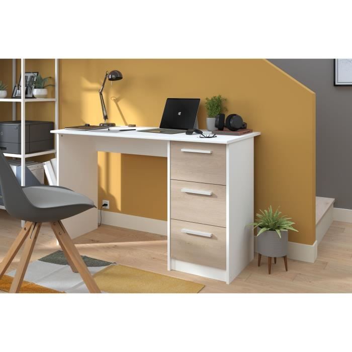 Bureau droit ESSENTIEL - 3 tiroirs - DÈcor chene et blanc - L 121,2 x P 55 x H 74,5 cm - PARISOT