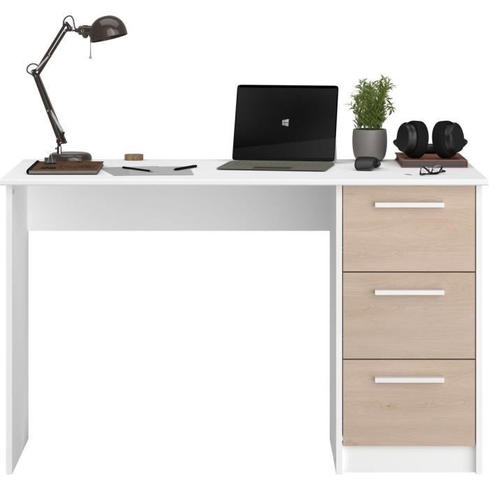 Bureau droit ESSENTIEL - 3 tiroirs - DÈcor chene et blanc - L 121,2 x P 55 x H 74,5 cm - PARISOT