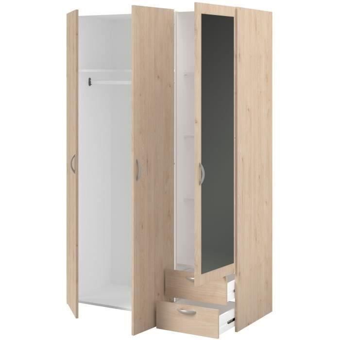 Armoire VARIA - Décor chene - 3 portes - 2 tiroirs - Porte droite avec miroir - 120,3 x 185 x 51,7