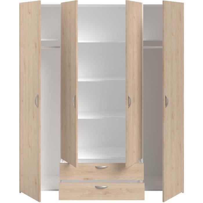 Armoire chambre VARIA - Décor chene - 4 portes battantes + 2 tiroirs - L 159,9 cm x P 51,3 cm x H 185 cm