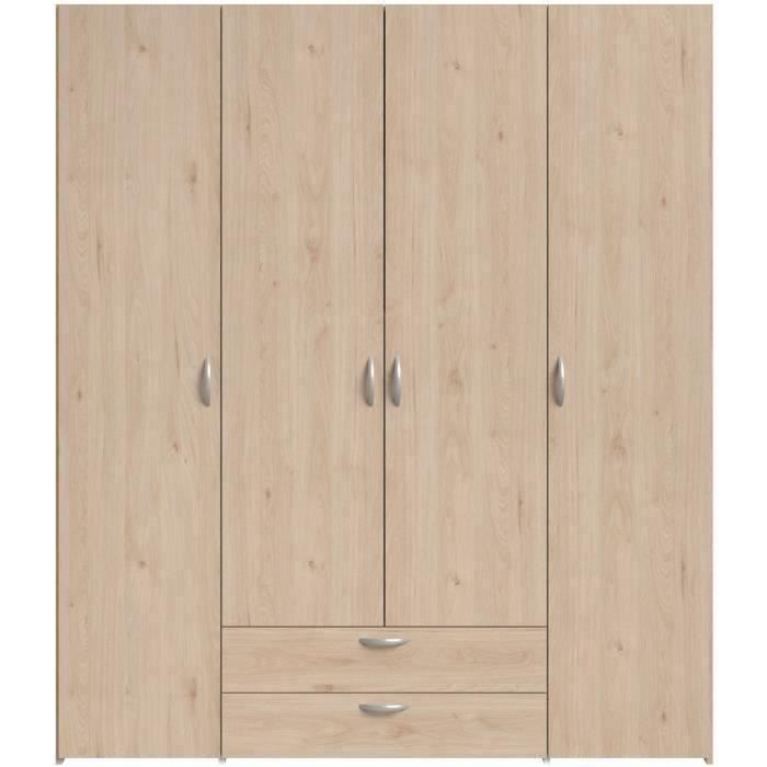 Armoire chambre VARIA - Décor chene - 4 portes battantes + 2 tiroirs - L 159,9 cm x P 51,3 cm x H 185 cm