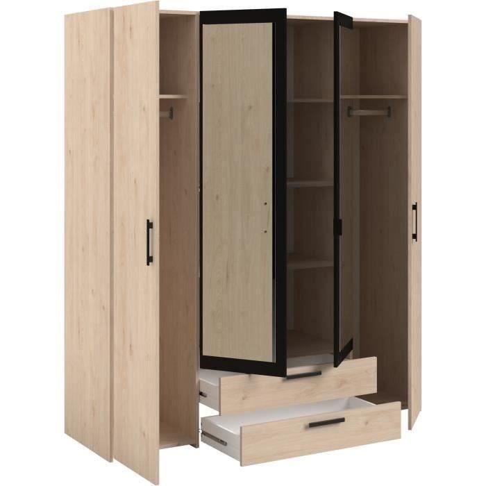 Armoire VARIA - 4 portes battantes + 2 miroirs + 2 tiroirs - Décor chene et noir - L160 x H 185 x P 51.7 cm