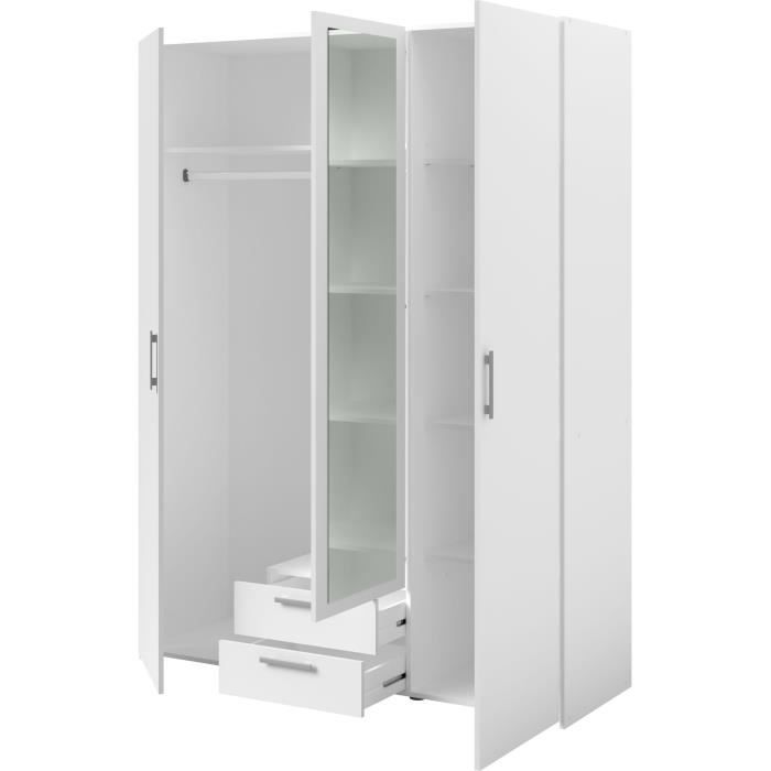 Armoire VARIA - DÈcor blanc - 3 portes + 2 tiroirs + miroir - L 150 x H 200 x 51 cm