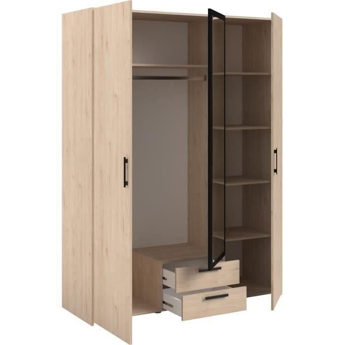 Armoire VARIA - Décor chene et noir - 3 portes battantes + 2 tiroirs + 1 miroir - L 150 x H 200 x P 51 cm