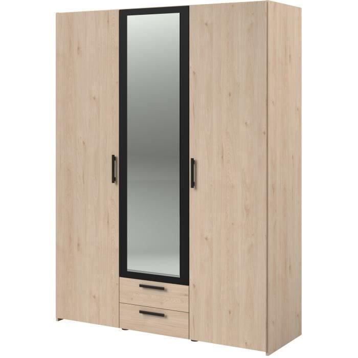 Armoire VARIA - Décor chene et noir - 3 portes battantes + 2 tiroirs + 1 miroir - L 150 x H 200 x P 51 cm