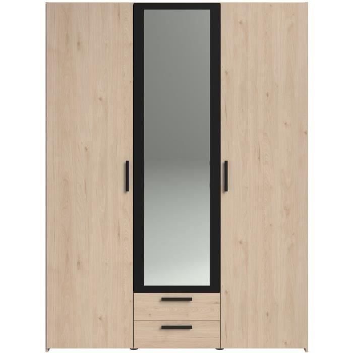 Armoire VARIA - Décor chene et noir - 3 portes battantes + 2 tiroirs + 1 miroir - L 150 x H 200 x P 51 cm