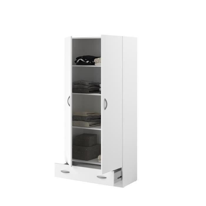 PARISOT Armoire 2 portes battantes + 1 tiroir - Panneaux de particules - Décor Blanc - L 78 cm x P 38 cm x H 170 cm - VARIA
