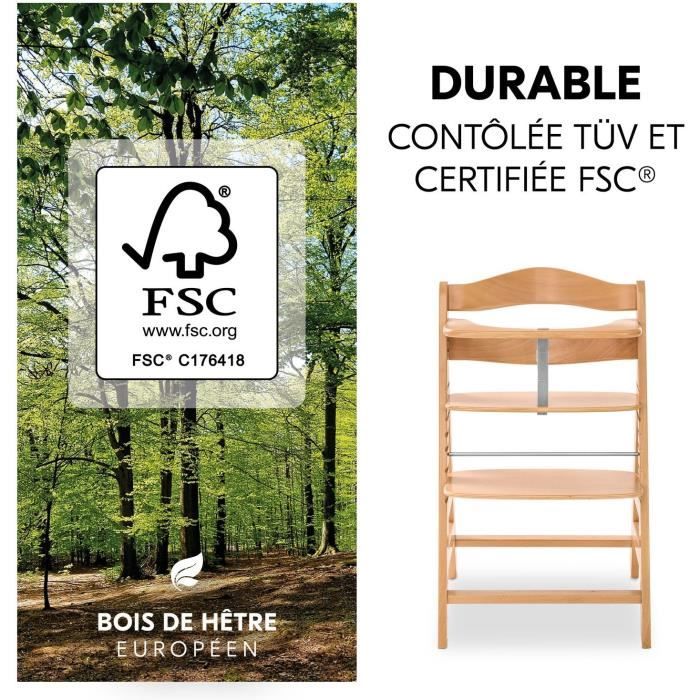 Chaise haute - HAUCK - ALPHA+ - Evolutive - De 6 mois a 90 kg - Bois FSC - Harnais 5 points - Naturel