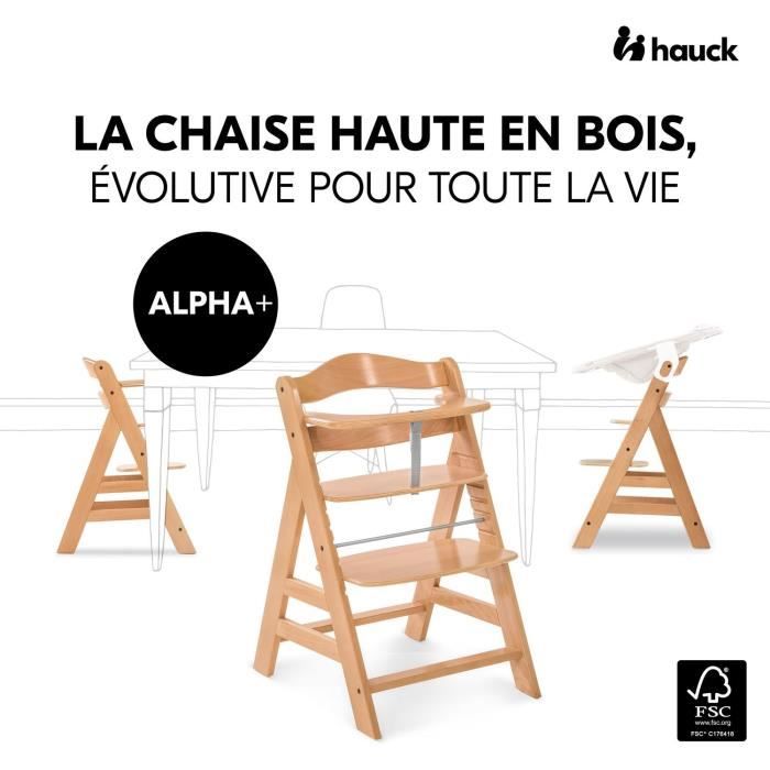 Chaise haute - HAUCK - ALPHA+ - Evolutive - De 6 mois a 90 kg - Bois FSC - Harnais 5 points - Naturel