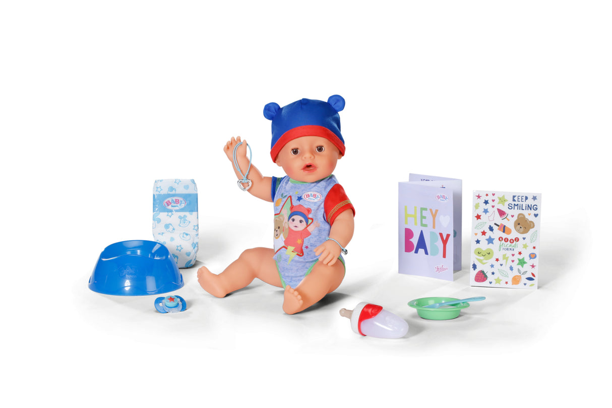 Poupon - BABY BORN - Jonas - 10 fonctions réalistes - 10 accessoires - Bleu et Rouge - 43cm - Des 3 ans