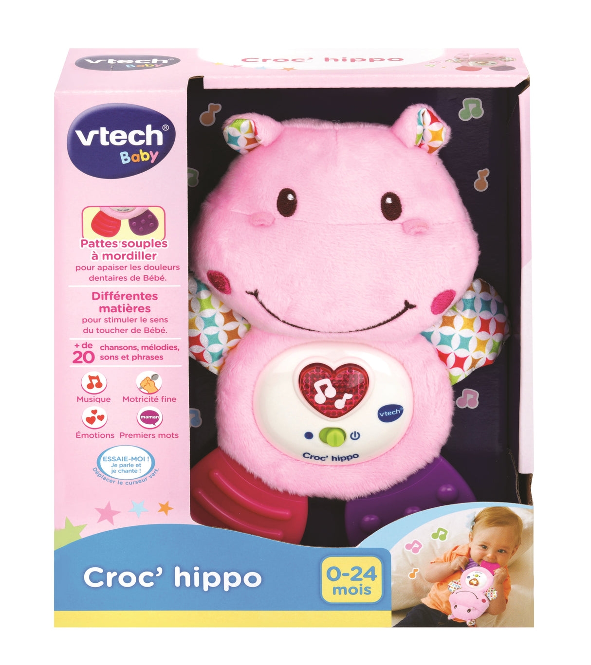 VTECH BABY - Hochet Croc'Hippo - Peluche Texturée Rose