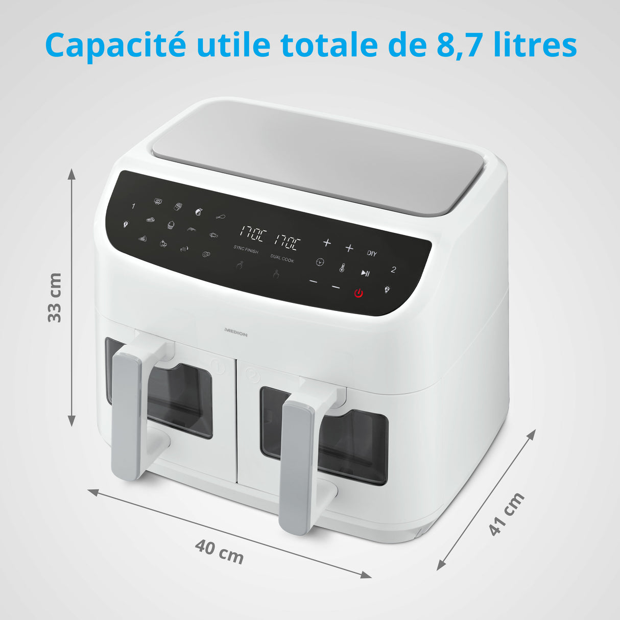 Friteuse a Air Chaud - MEDION - P20 XXL Twin - 2600 W - 2 paniers - 9 programmes - Blanc