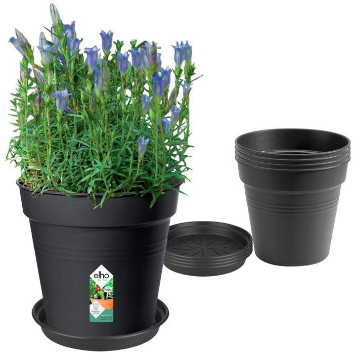 ELHO Lot de 5 pots de fleurs de culture avec soucoupe Green Basics - Ø17 x H15,7 cm + soucoupe Ø14 cm - 4 L - Noir