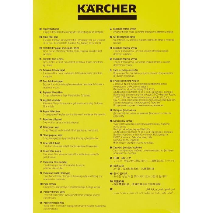 Sachet filtre papier a deux épaisseurs pour KARCHER WD2200 / A2003 / 2004 / 2054Me - paquet de 5 pieces