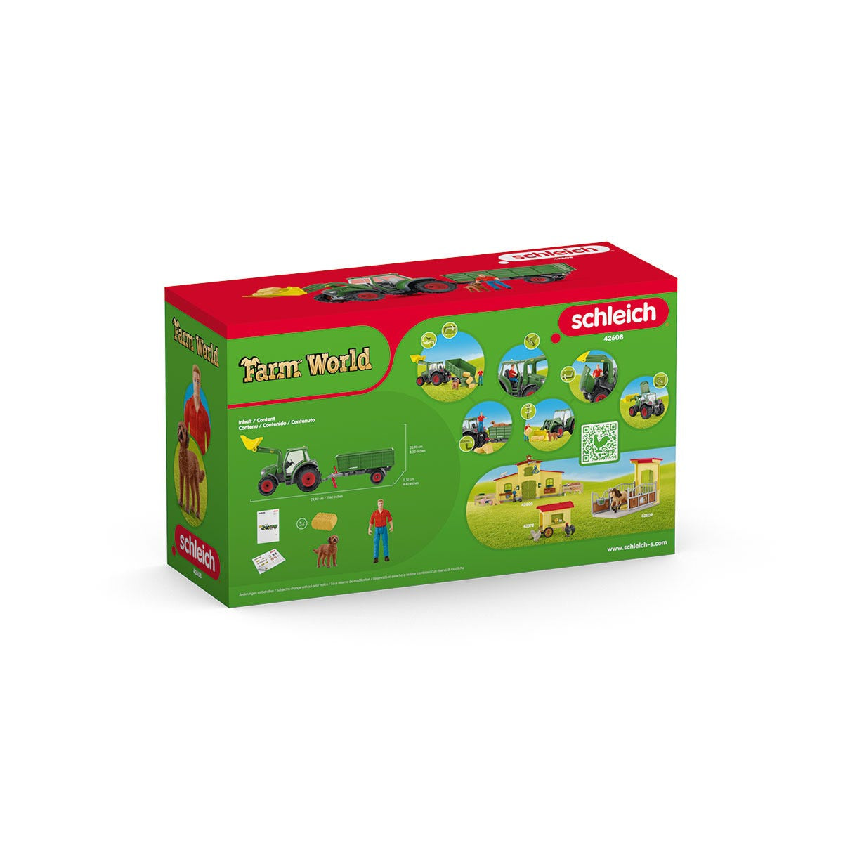 Tracteur et remorque, Coffre schleich avec 1 tracteur, 1 rremorque, 1 figurine humaine articulée, 1 figurine chien, pour enfants