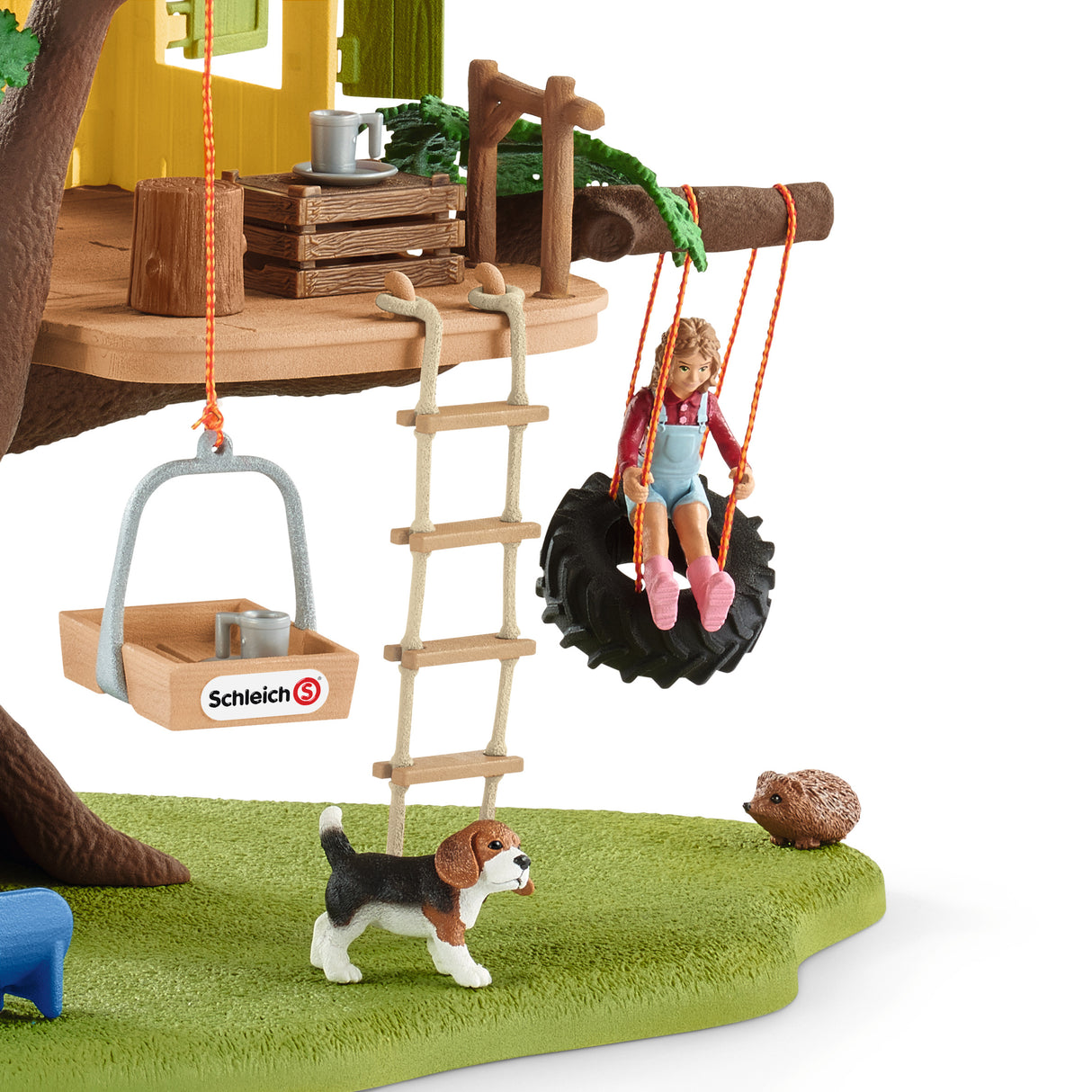 Cabane aventure dans les arbres, coffret de 60 pieces détaillées avec balançoire, 2 figurines d'enfant et figurines d'animaux,