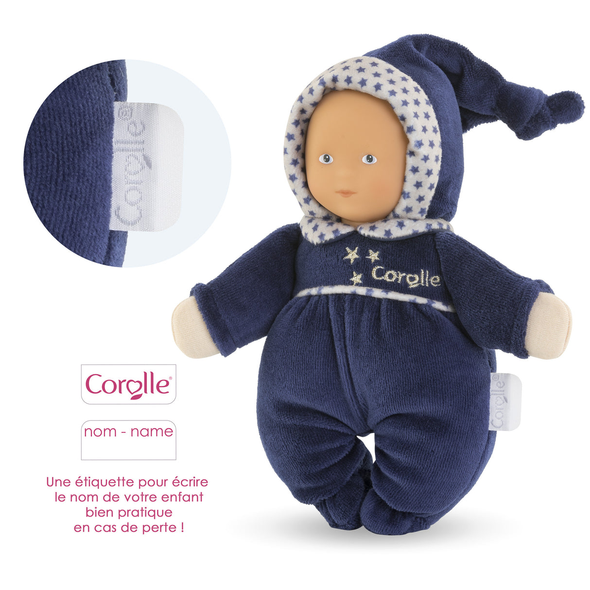 Doudou Babidoux - Corolle - Marine Reves d'Étoiles - Grelot - Senteur Vanille - Étiquette Prénom