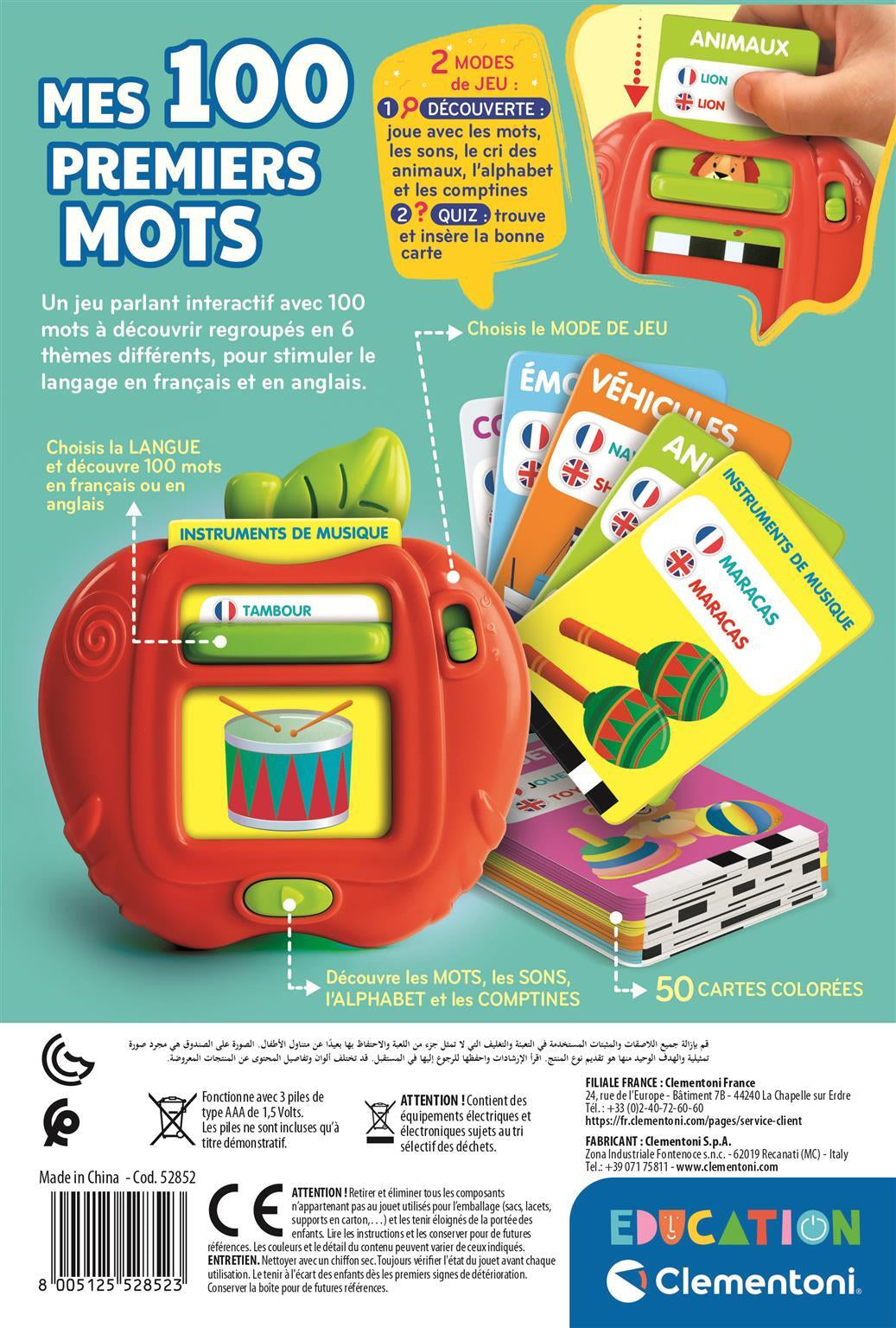 CLEMENTONI - Mes 100 premiers mots Bilingue - Jouets éducatifs - 2 modes de jeux : Quiz et découverte - Sons et comptines