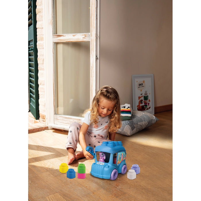 Clementoni - Bus Stitch Clemmy - 6 cubes souples a empiler - 2 figurines - Éveil sensoriel et motricité fine - Pour bébé des 6 mois