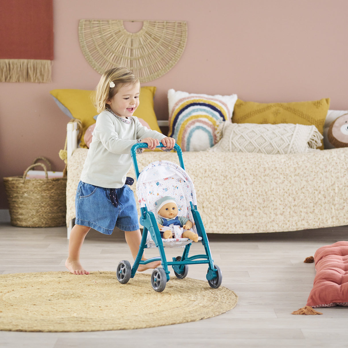 Poussette oursons - COROLLE - Accessoire Poupon 30cm - Bleu - Légere et facile d'utilisation
