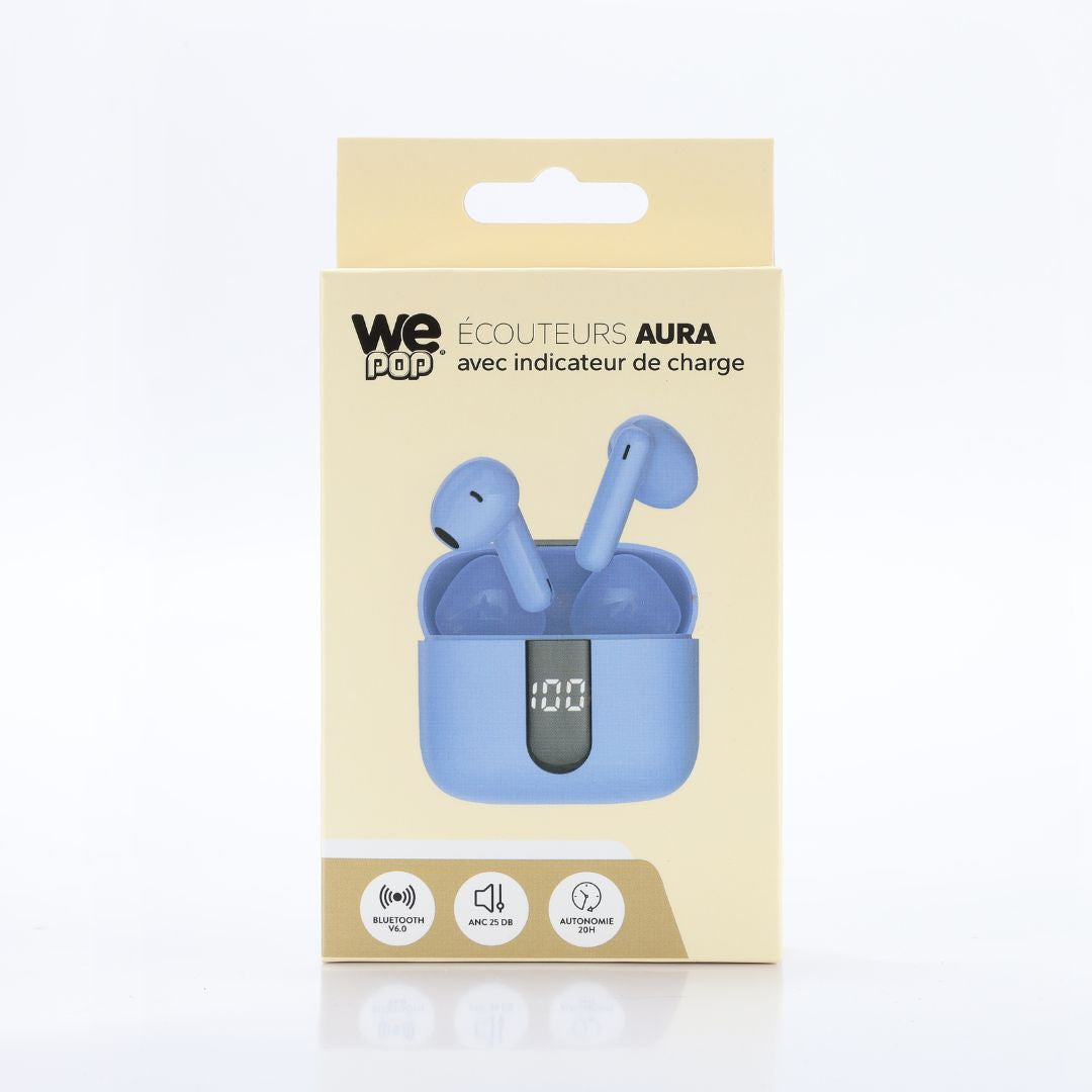 Ecouteurs sans-fil avec indicateur de charge AURA, Bluetooth, batterie intégrée