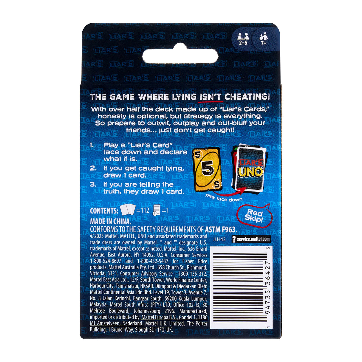 UNO Liar's - Jeu de cartes pour adultes, enfants, familles - Jeu d'astuce et de bluff - Mattel Games - JLH43 - 7 ans et +