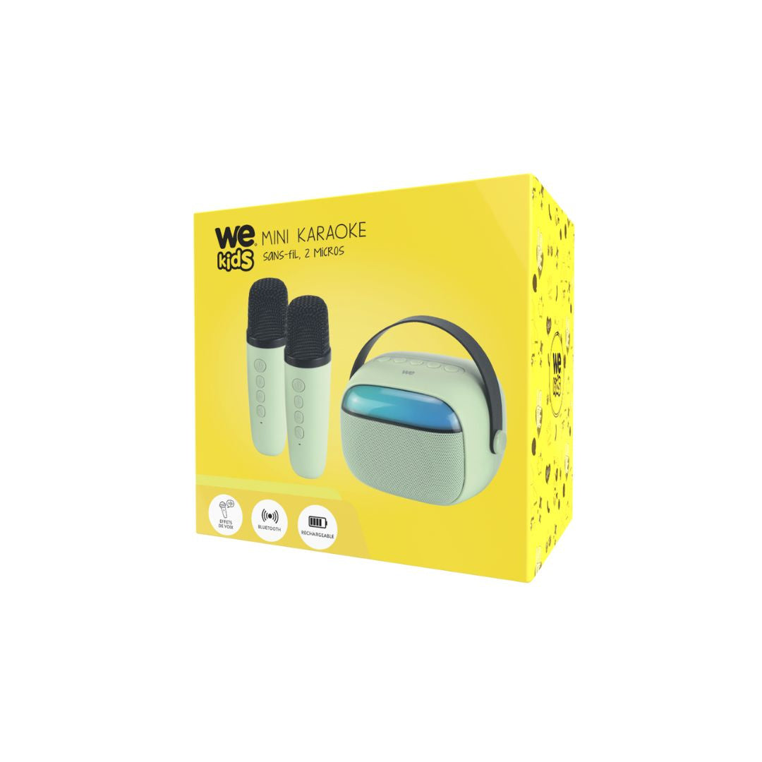 WE KIDS Mini enceinte karaoké à led + poignée, BT 5.4, rechargeable, 2 micros av