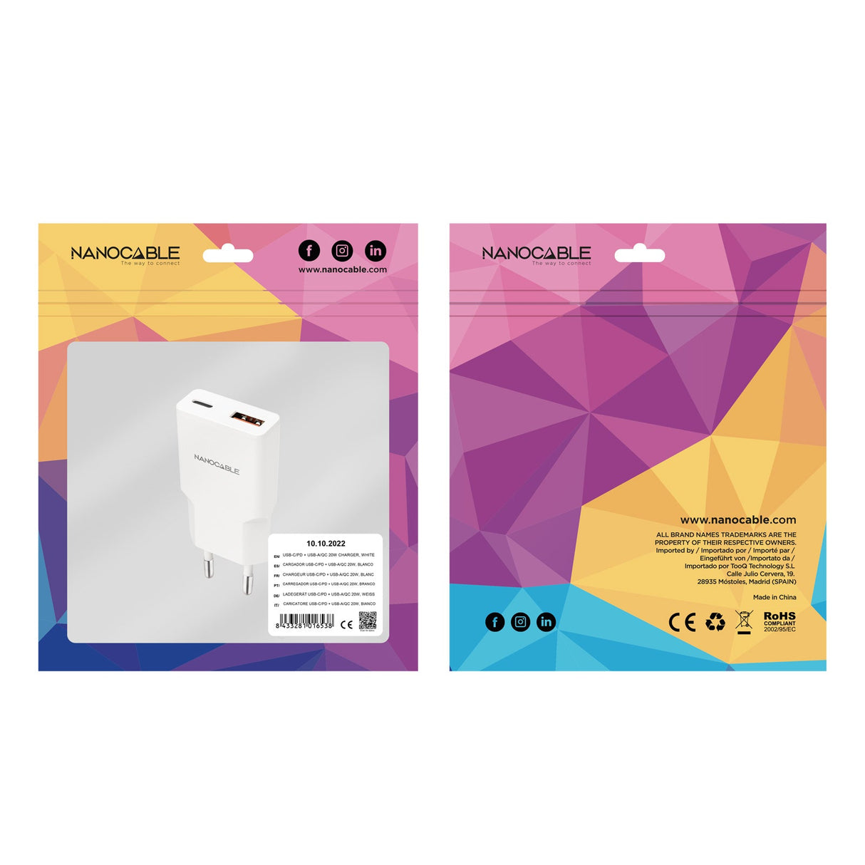Chargeur secteur Nanocable 1x USB-C + USB-A 20W (Blanc)