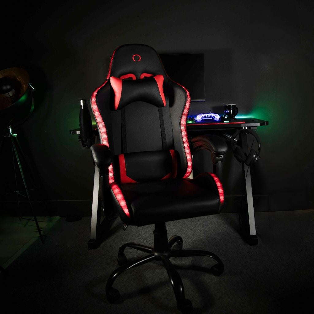 Chaise de bureau gaming - KONIX - Phantom - Éclairage RVB - Inclinaison 135° - Synthétique - Coussin lombaires et cervicaux - Noir