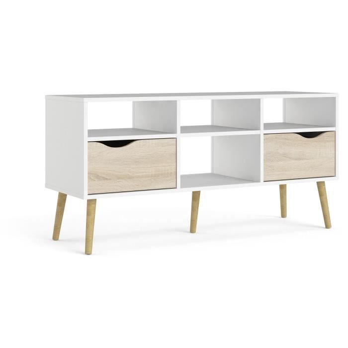 Meuble TV - 4 niches 2 tiroirs - Blanc / Chene - 117,2 x 39,1 x 57,4 cm ARO