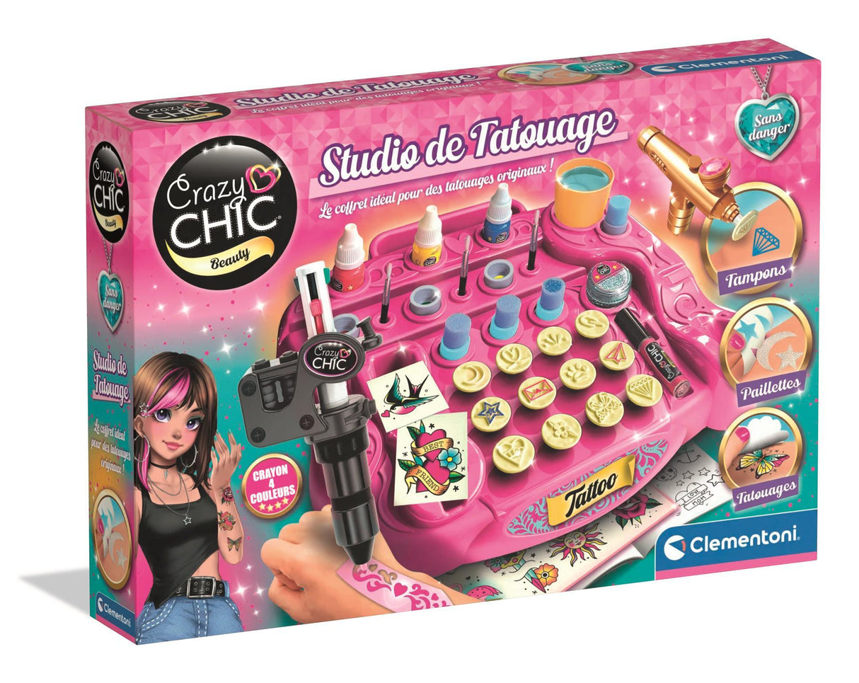 CLEMENTONI - Studio de tatouage temporaires pour enfant - Kit complet - Pochoirs, peintures corps et transfert - Des 7 ans