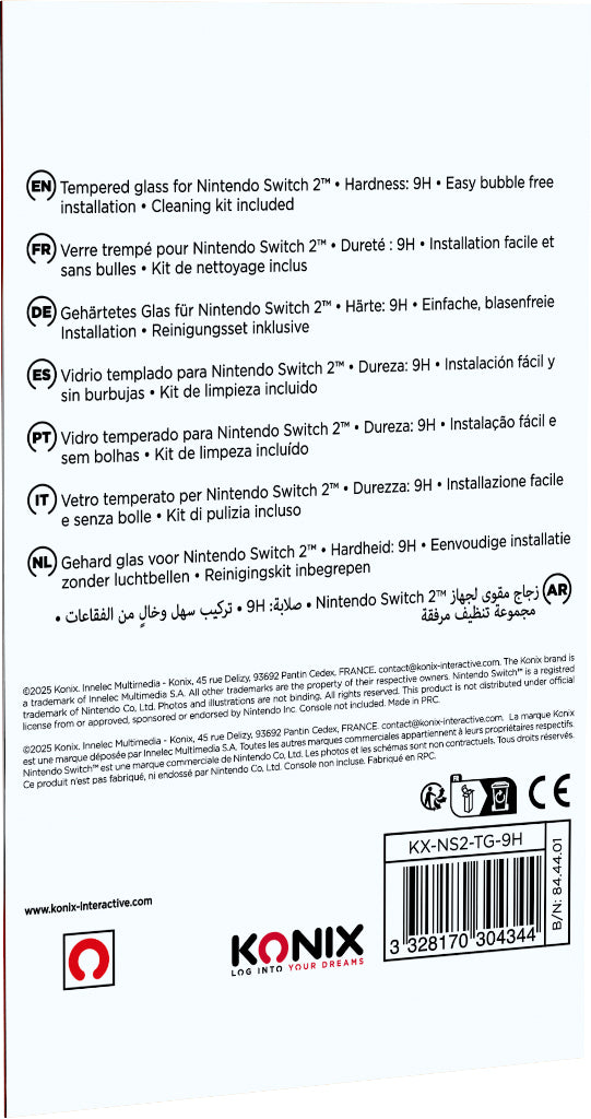 Protection d'écran verre trempé - KONIX - Nintendo Switch 2 - Anti-bulle - Anti-rayures - Indice de dureté 9H - 100 % transparent