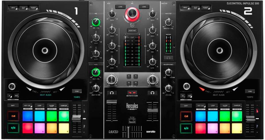 HERCULES DJCONTROL INPULSE 500 - Contrôleur DJ - Interface audio et mixeur hardware intégrés - 16 pads rétroéclaires (RGB) - Noir