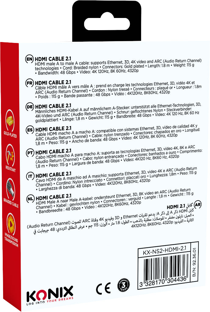 Câble HDMI 2.1 - KONIX - Nintendo Switch 2 - Compatibilité 4K et 8K - Nylon tressé - Longueur 1,8 m - Noir
