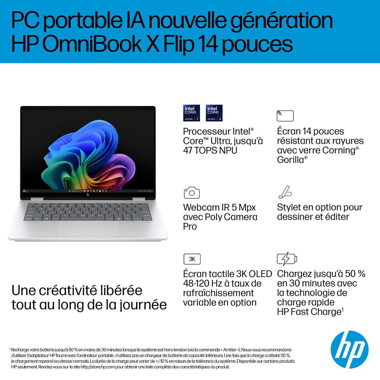 PC Portable HP OmniBook X Flip 2-en-1 14-fm0009nf - Windows 11 - 14 2K OLED - Core Ultra 5 226V - RAM 16Go - 512Go SSD - AZERTY