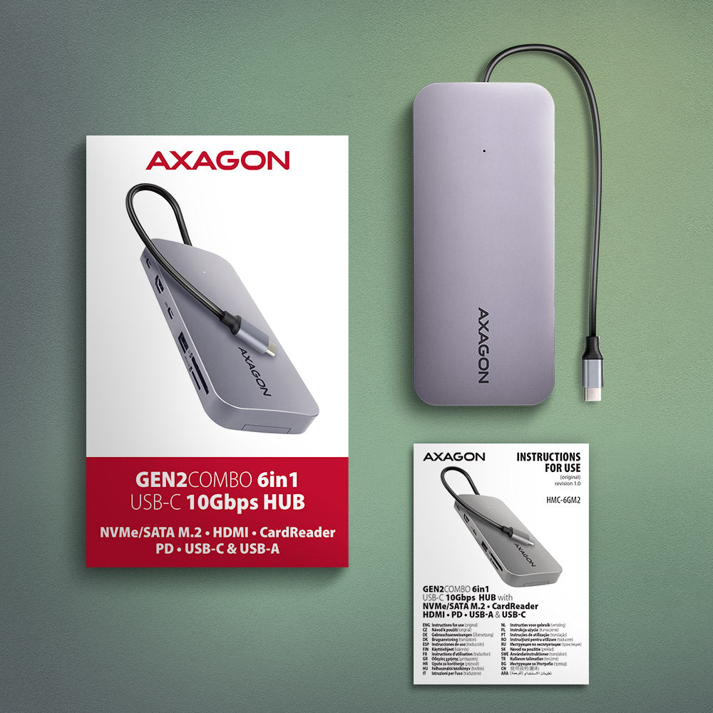 Station d'accueil portable USB-C 3.2 Axagon HMC-6GM2 avec lecteur SSD (Gris)