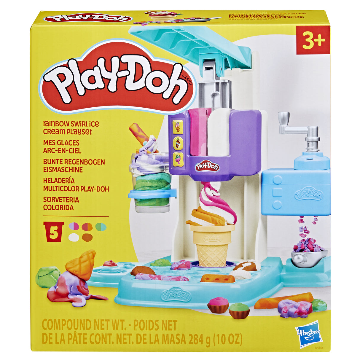 PlayDoh Mes Glaces Arc-en-Ciel, Pâte a modeler, Machine a Creme Glacée factice, 5 pots de 56 g et accessoires, des 3 ans