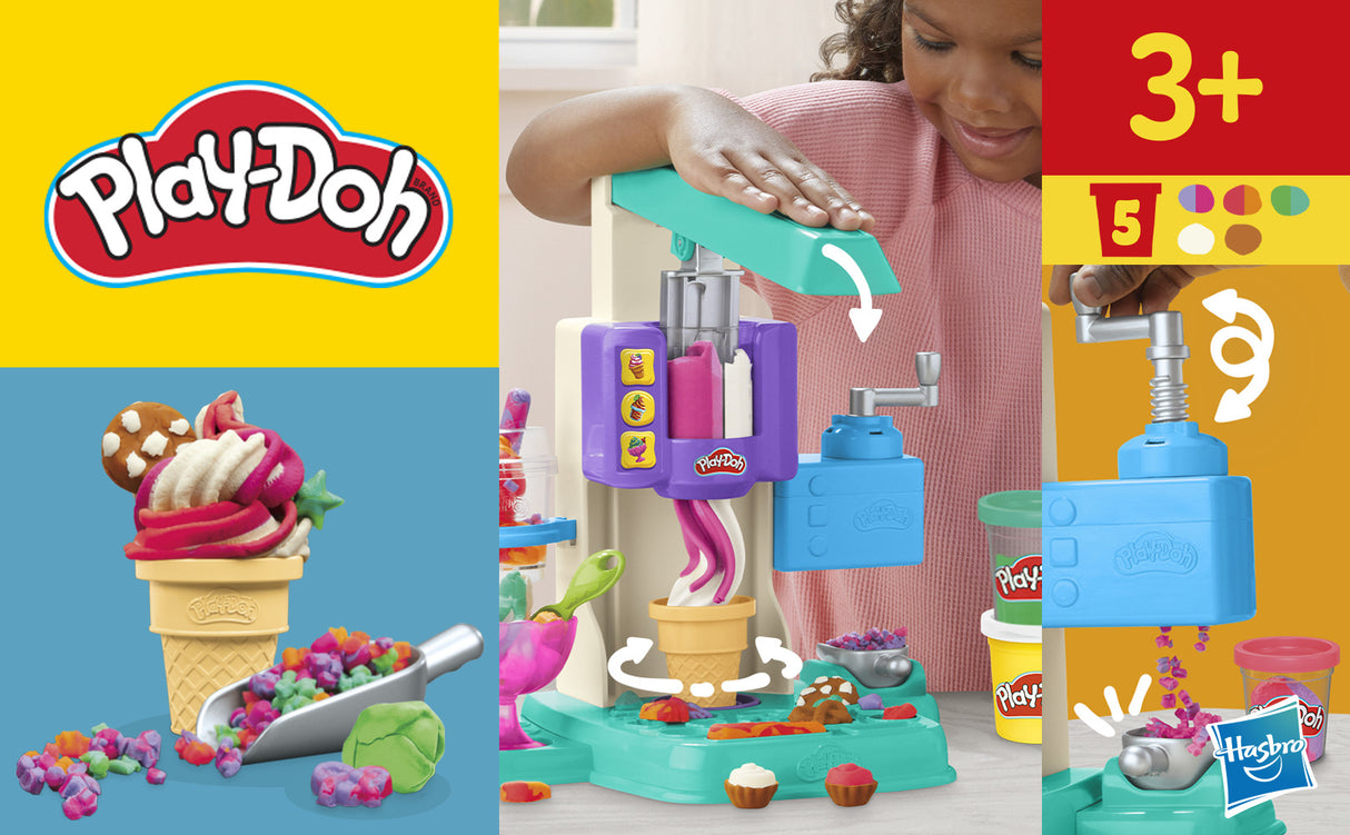 PlayDoh Mes Glaces Arc-en-Ciel, Pâte a modeler, Machine a Creme Glacée factice, 5 pots de 56 g et accessoires, des 3 ans