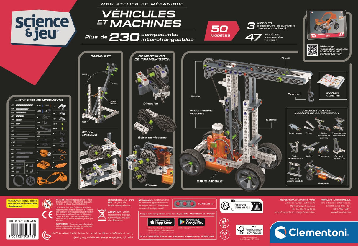 CLEMENTONI - Véhicules et machines - 50 constructions - Manuel illustré et application pour visualisation 3D - Fabriqué en Italie