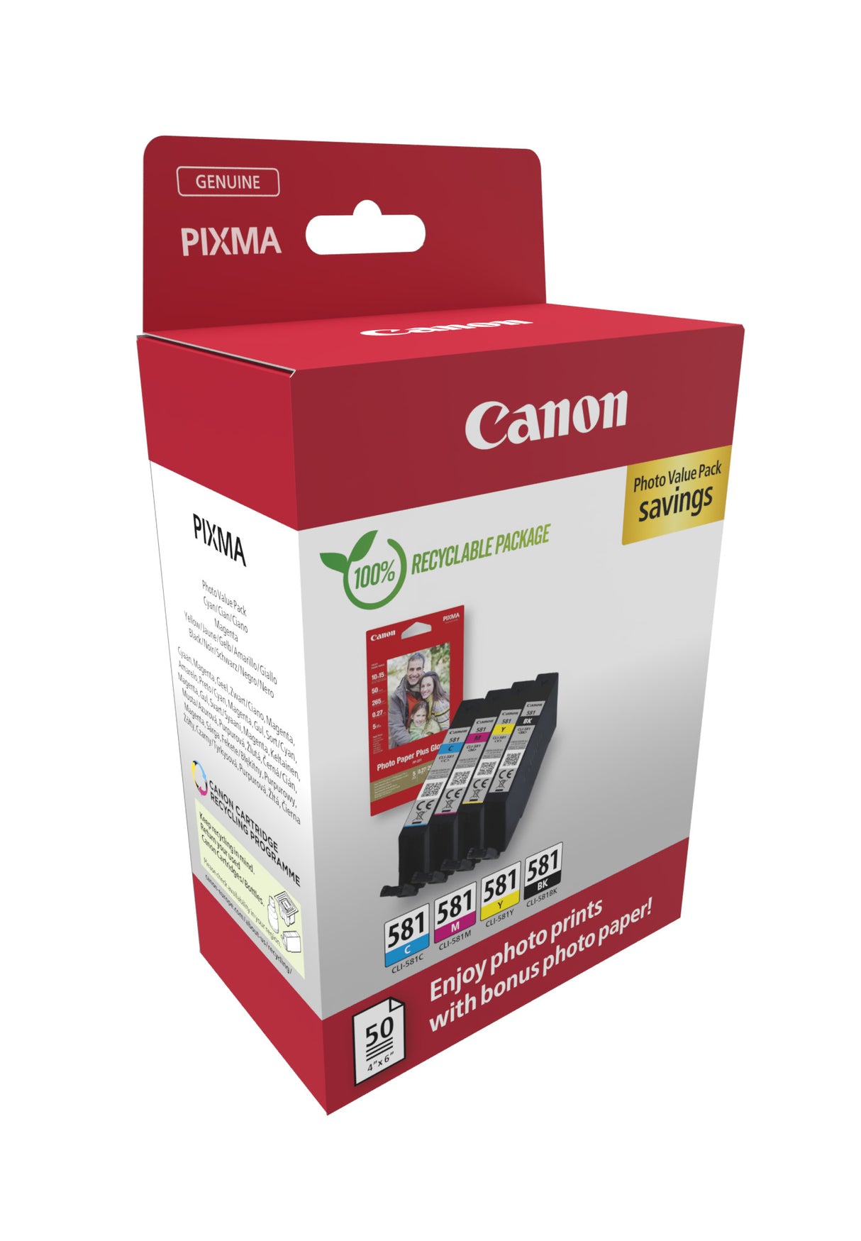 Pack 4 cartouches d'encre Canon CLI-581 Photo Value Pack (Noir + Couleurs) + 50x Papiers hoto