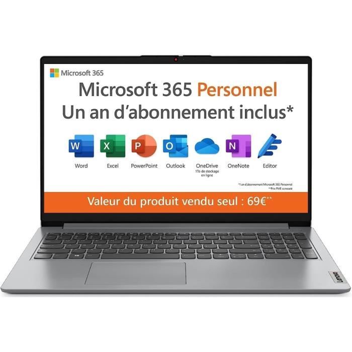 PC Portable LENOVO IdeaPad 1 15IGL7 | Windows 11 + 1 an Office - 15,6 FHD - Celeron N4500 - RAM 4 Go - Stockage 128Go - AZERTY