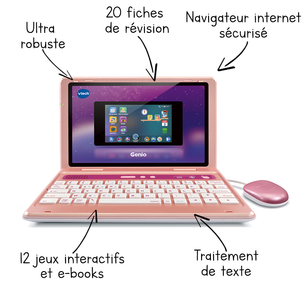 Ordinateur pour enfant VTECH Genio - Clavier AZERTY, souris, écran 5'', mémoire 8GB - Rose