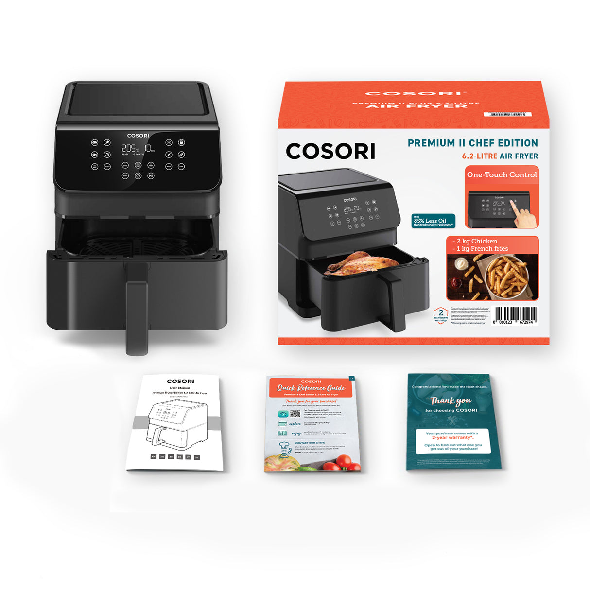 Friteuse sans huile COSORI - Premium II Chef Edition - Capacité 6,2L - 12 programmes - Pack 50 papiers cuisson - 1700W - Noir
