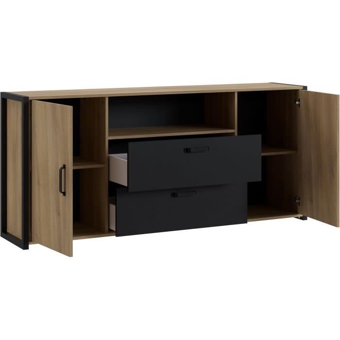 Buffet MÈlaminÈ chene et noir - style industriel - L 180x40 x 84 cm