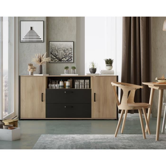 Buffet MÈlaminÈ chene et noir - style industriel - L 180x40 x 84 cm