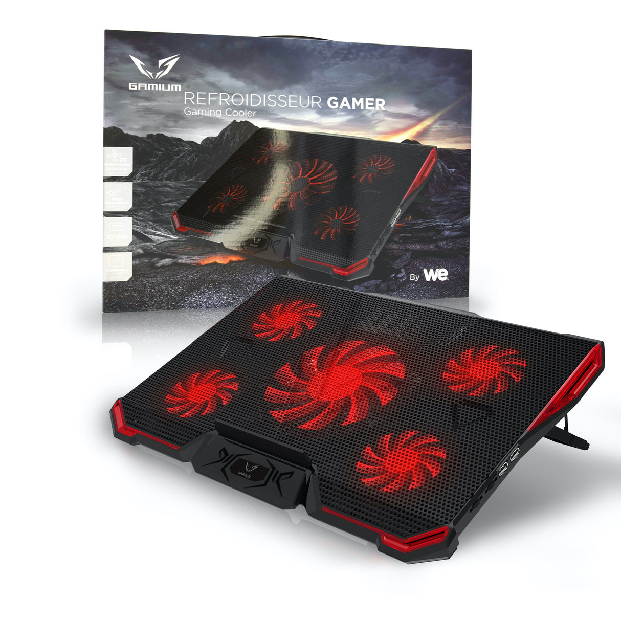 Refroidisseur Gamium pour PC jusqu'à 17'' - 5 ventiltateurs Leds rouge et 2 port