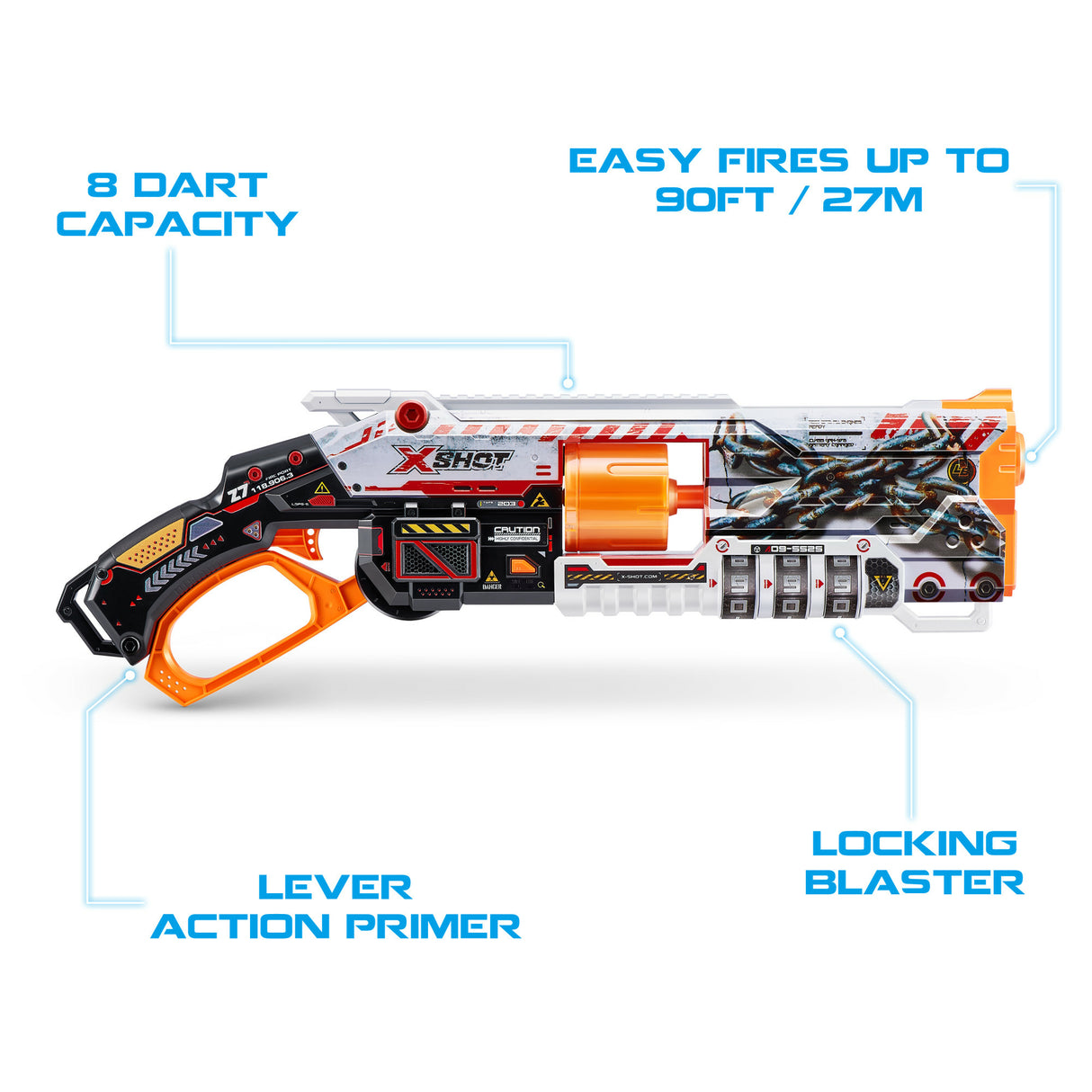 Blaster Verrouillable - ZURU - XSHOT Skins Lock Gun - Blaster avec combinaison de verrouillage et canon rotatif a 8 fléchettes